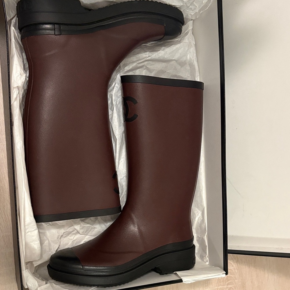 CHANEL Burgundy Rubber Rain Boots with Black Trim- Brand NEW